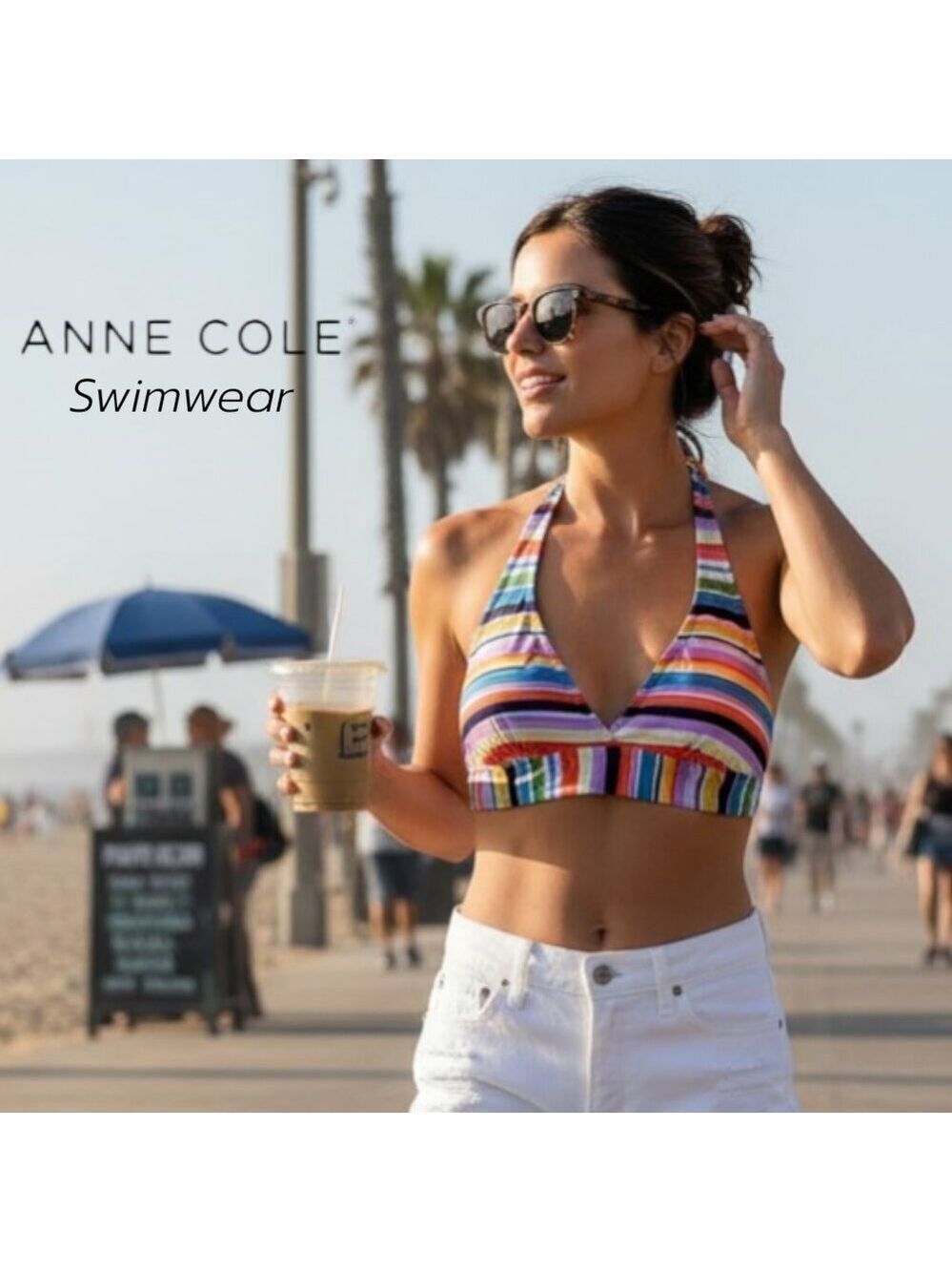 Anne Cole Multicolor Stripe Triangle Bikini Top Halter Swim Medium